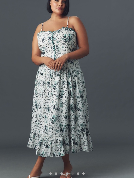 NWT Anthropologie Drop-waist Spaghetti Strap Midi Dress in White & Green - Picture 5 of 7
